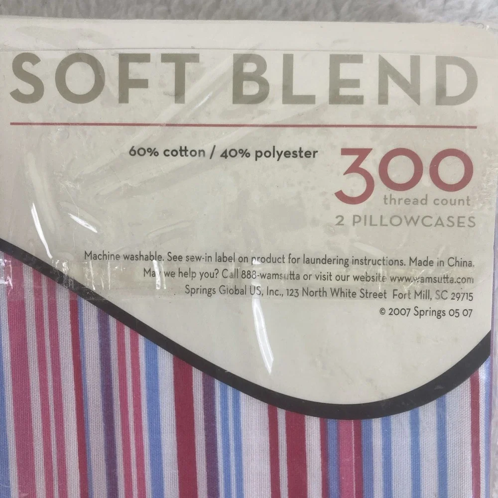Wamsutta 300 Thread Count 2 Pillowcases Queen Stripe Red Blue‎ NOS Spring 2007